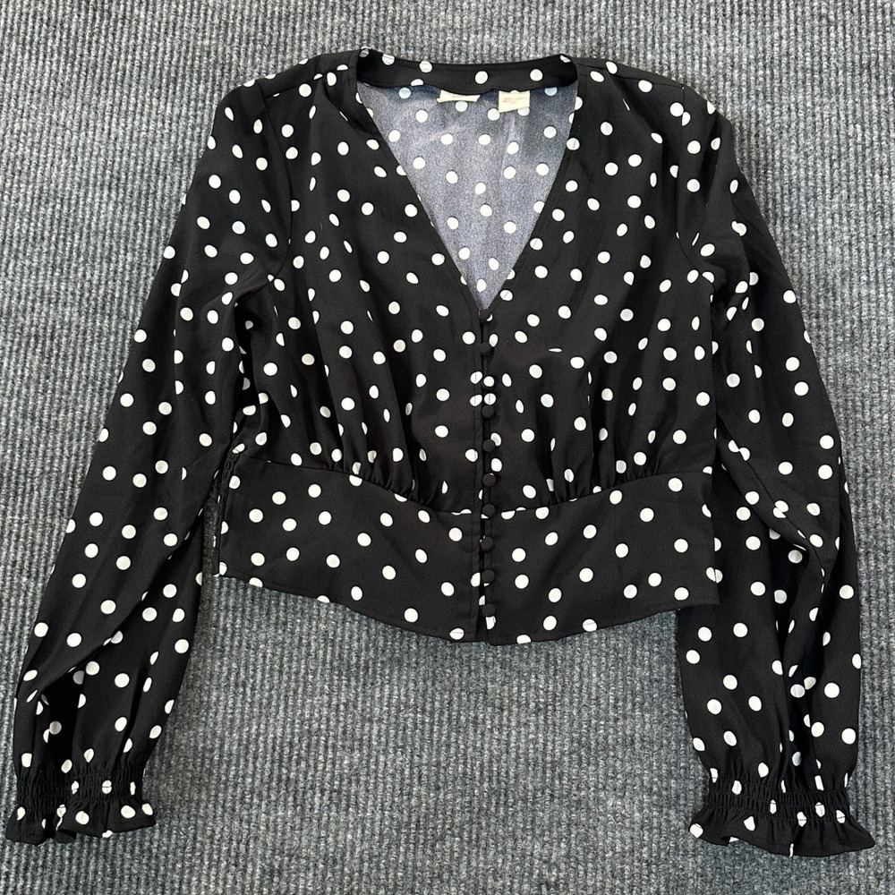 Levi's Blouse Womens Medium Black White Polka Dot Cropped Long Sleeve Button Top